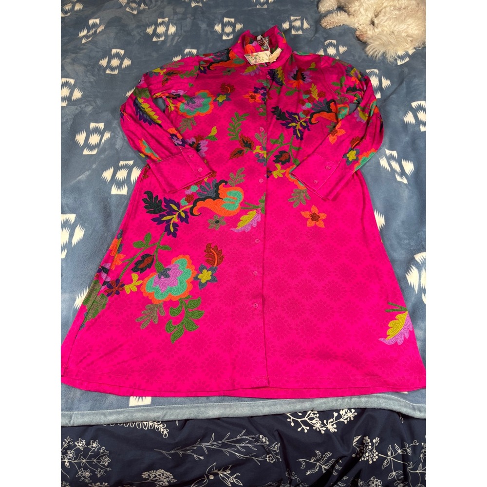 Johnny Was Pink Floral Embroidered Button Down Shirt Dress XL New With Tags